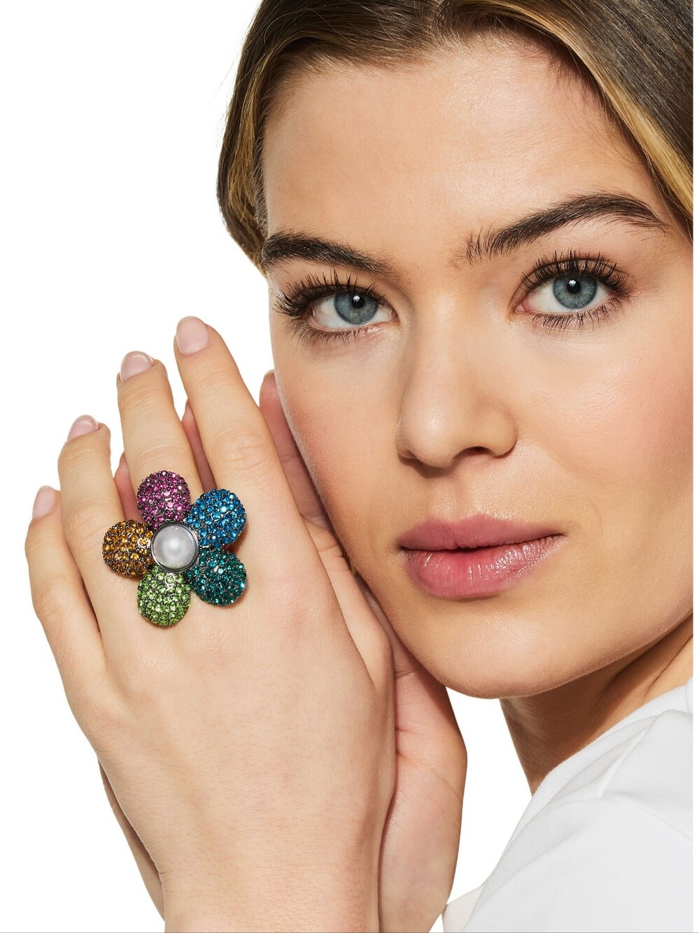 NEW Kurt Geiger Crystal & Pearl Flower Pavé Cocktail Ring Size 7 Rainbow Multi
